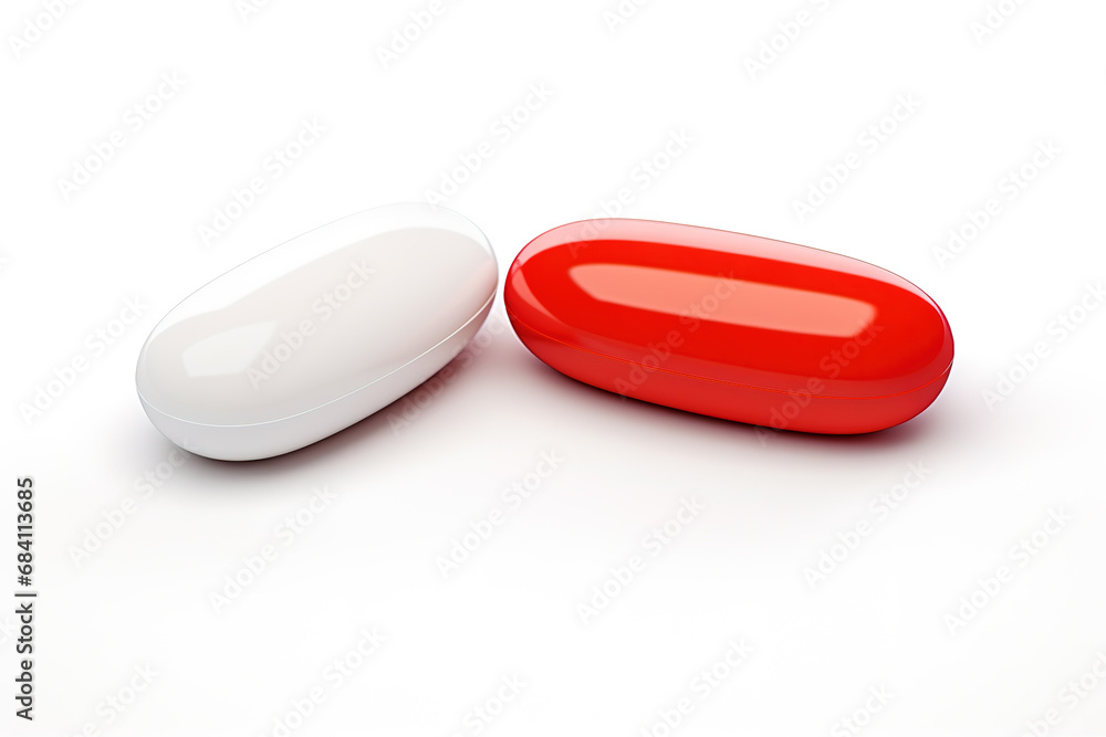 Red and White Capsules on a White Surface Red and White Capsules on a White Surface