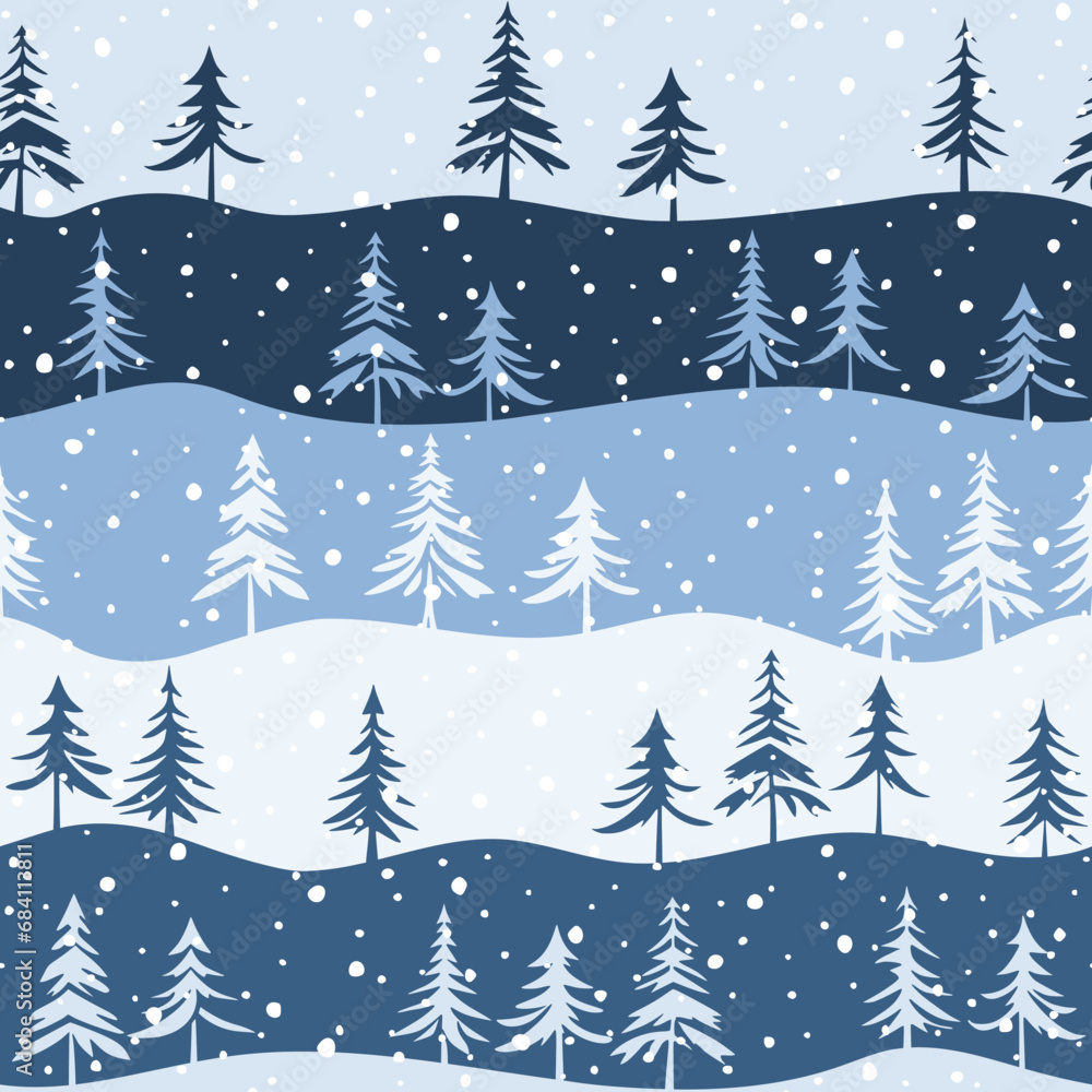 Seamless pattern, hills and trees, winter background, vector design	