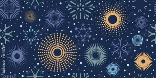 Circle geometric shapes and snowflakes, seamless pattern, winter vector background	