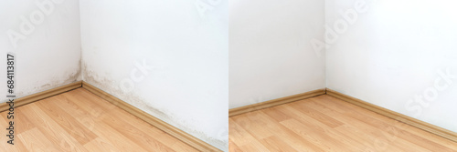 Mold in the corner of a wall above the laminate flooring, photos before and after cleaning
Comparative Before and after black mold dirty wall with clean white wall  photo