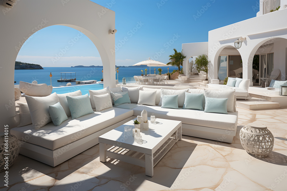 Luxury white villa with white furnishings, with outdoor swimming pool. travel concept. ia generative