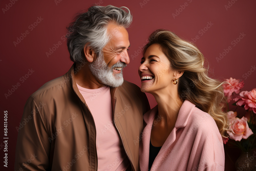 Happy old couple looking at each other and laughing standing on a burgundy background. valentine's day concept. ai generated Happy old couple looking at each other and laughing standing on a burgundy background. valentine's day concept. ai generated