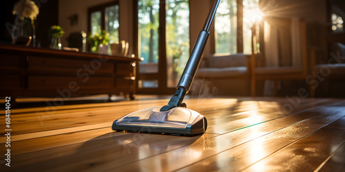 Wallpaper Mural Modern vacuum cleaner on a wooden floor in the living room. House cleaning concept. ia generative Torontodigital.ca