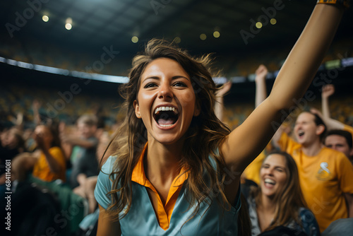 Excited young woman cheering for her favorite team at a soccer stadium. ai generated