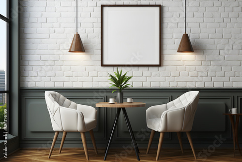 Modern dining room interior with white brick walls, with table and chairs. 3D rendering. ai generated photo