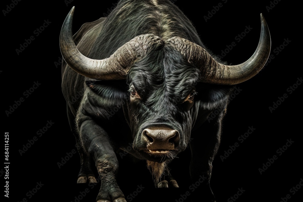 A black bull on an isolated black background. Banner, Advertising, Design. A black bull on an isolated black background. Banner, Advertising, Design.