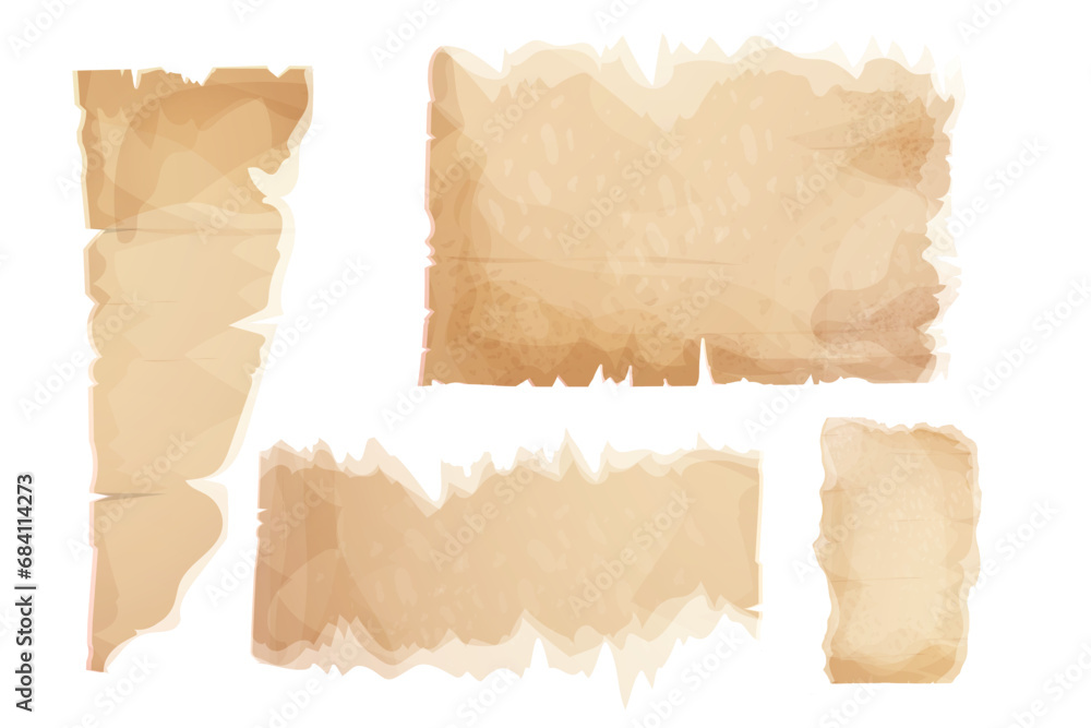 Set parchment paper, torn pieces, old sheets in cartoon style, textured empty notes isolated on white background. Game ui elements Set parchment paper, torn pieces, old sheets in cartoon style, textured empty notes isolated on white background. Game ui elements