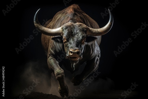 A black bull on an isolated black background. Banner, Advertising, Design.