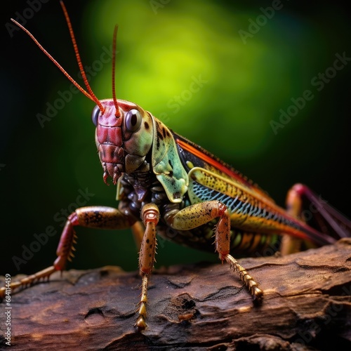 A close up of a grasshopper on a branch. Generative AI. © serg3d