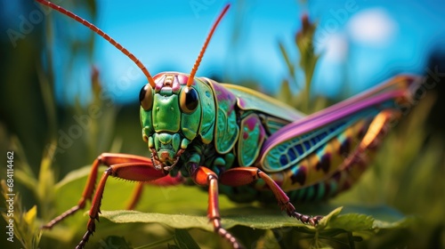 A close up of a grasshopper on a leaf. Generative AI. © serg3d