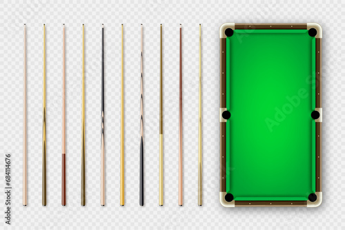 Various wooden billiard cues and green pool table. Snooker sports equipment. Vintage cue. Recreation and hobby, competitive game. Vector illustration