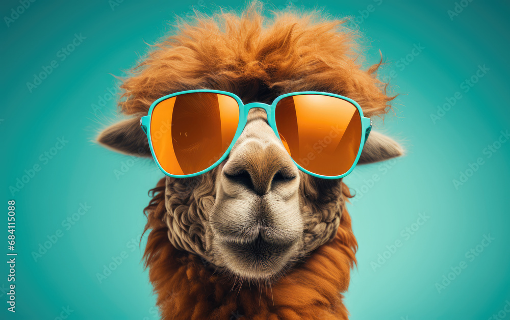 Close up portrait of a llama wearing sun glasses.	

