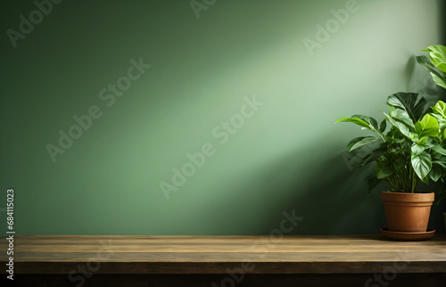 Empty wooden table with potted plants and green wall background,space for text