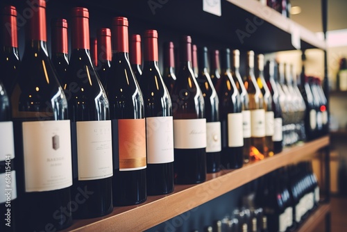 Red and white wine in bottles in wine shop. Advertising, Banner