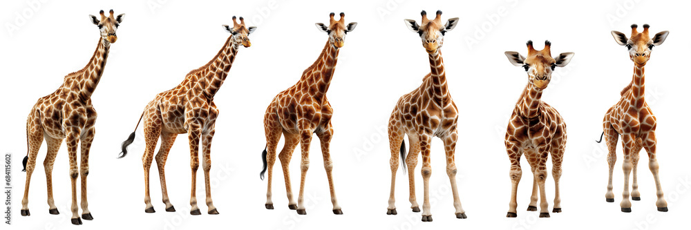 Collection of giraffes keep head down isolated on a white background