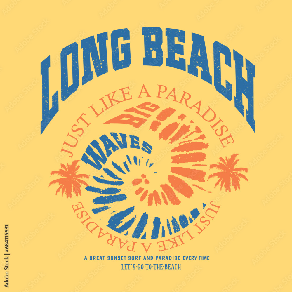 © sumonsharif - Long Beach Palm Tree California varsity t-shirt Men's and women's, Big Wave in Taye dye view, summer print design