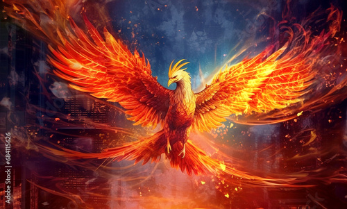 Fire burning phoenix flying in city. Fantasy abstract art painting texture. Generative ai.
