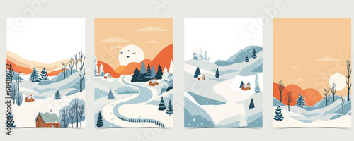 winter landscape background with mountain,tree.Editable vector illustration for postcard,a4 vertical size