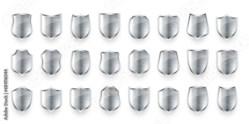 Set of various vintage 3d metal shield icons. Shiny steel heraldic shields. Black protection and security symbol, label. Vector illustration