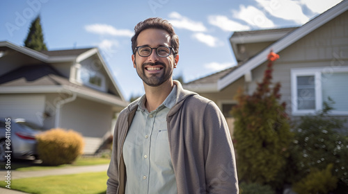 Smiling bearded man wearing glasses and a casual shirt with a vest, standing in front of a suburban house with a green lawn and a car in the driveway on a sunny day. photo