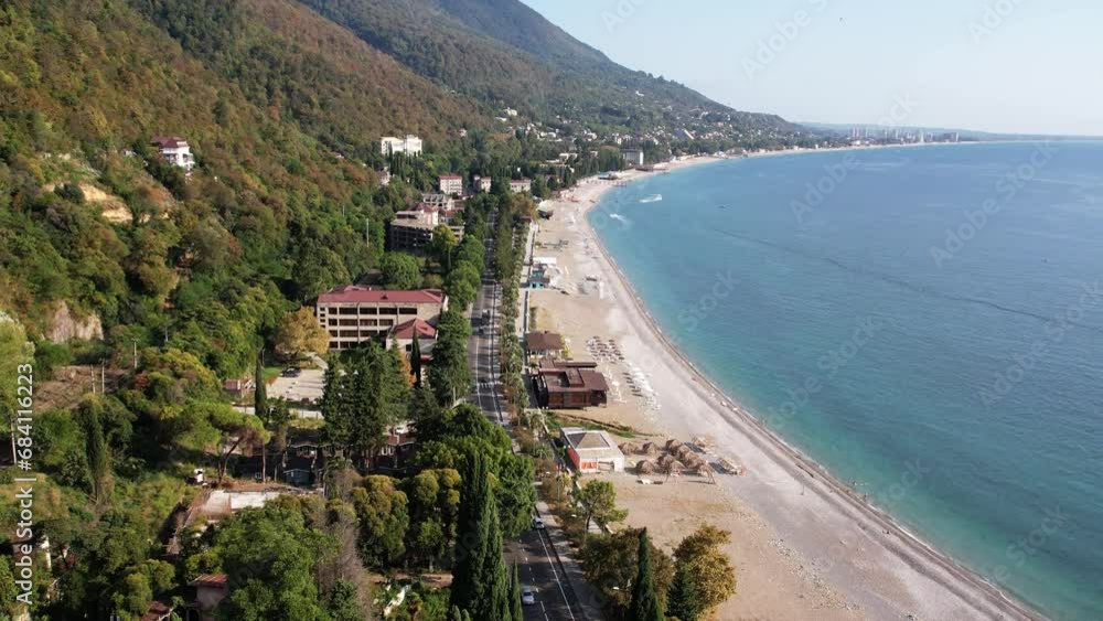 Drone shooting of the beach, the black sea, the city of Gagra, Abkhazia Drone shooting of the beach, the black sea, the city of Gagra, Abkhazia