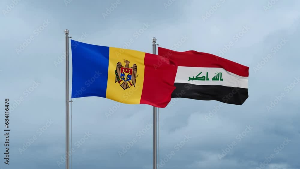 Iraq flag and Moldova flag waving together on blue sky, looped video Iraq flag and Moldova flag waving together on blue sky, looped video