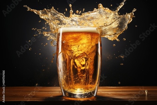 Glass of beer with splash on dark background.