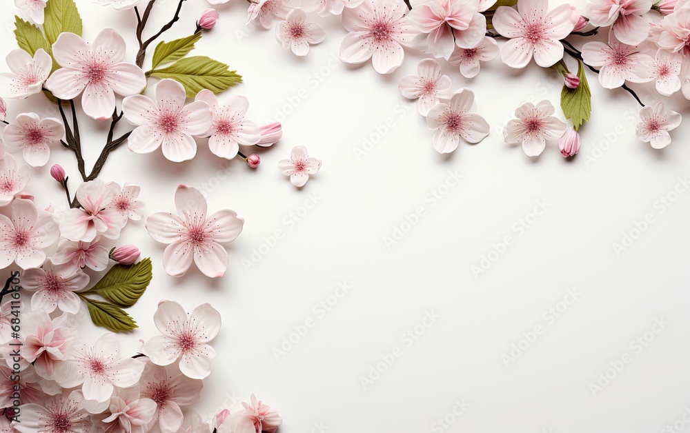 Pink blossom flowers at the white background for design.