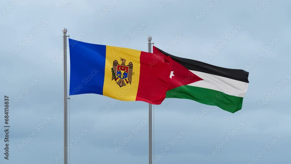 Jordan flag and Moldova flag waving together on cloudy sky, endless seamless loop, two country relations concept Jordan flag and Moldova flag waving together on cloudy sky, endless seamless loop, two country relations concept