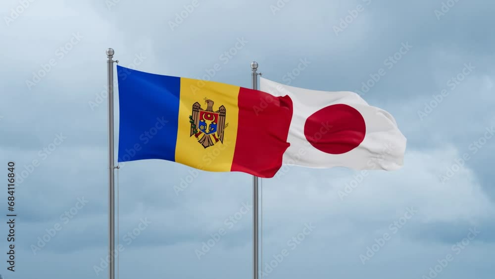 Japan flag and Moldova flag waving together on cloudy sky, endless seamless loop, two country relations concept Japan flag and Moldova flag waving together on cloudy sky, endless seamless loop, two country relations concept