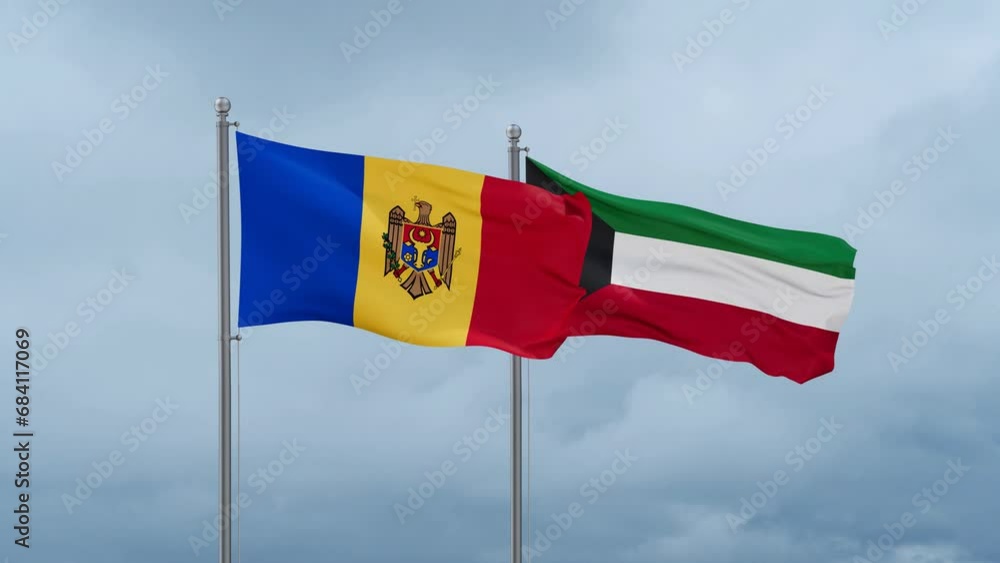 Kuwait and Moldova flag waving together on cloudy sky, endless seamless loop, two country cooperation concept Kuwait and Moldova flag waving together on cloudy sky, endless seamless loop, two country cooperation concept