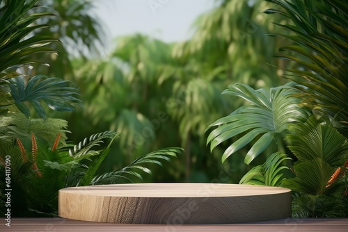 Wooden product display podium with green nature garden background  3d rendering  Generative AI 