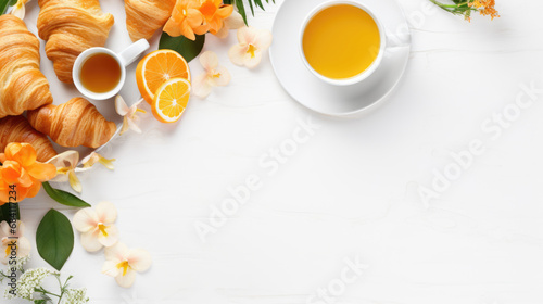 Beautifully arranged breakfast setting with golden-brown croissants, a cup of tea, and vibrant orange flowers on a light background.
