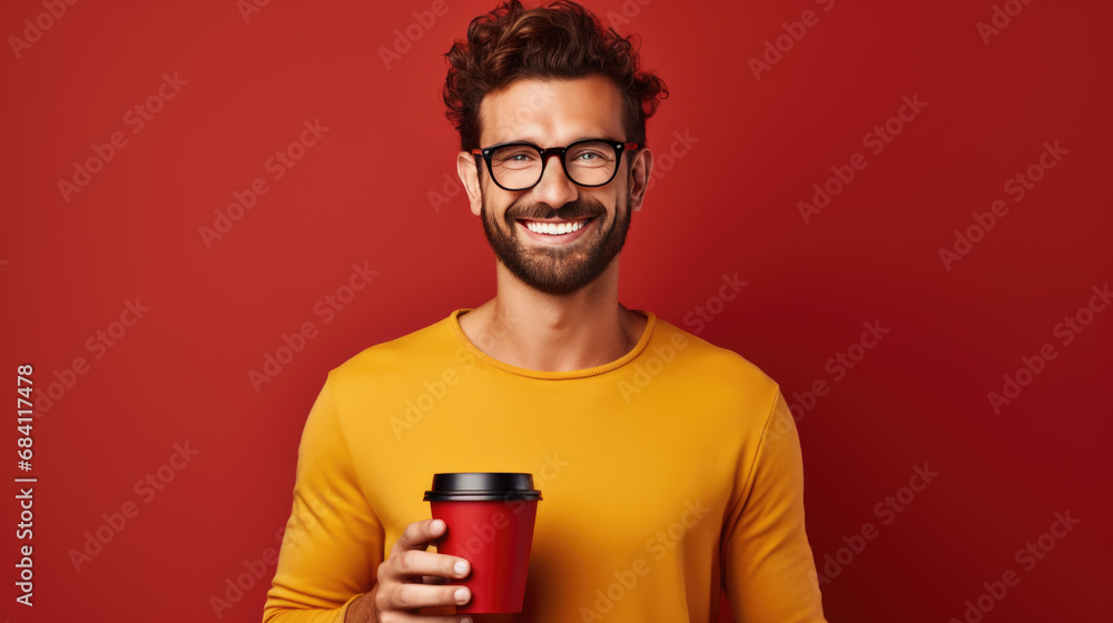 Cheerful man with a beard and eyeglasses, holding a to go coffee cup, with a joyful expression against a vibrant red background.