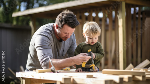 Father is teaching his young son how to use build something from wood.