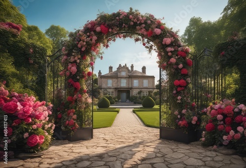 Wedding backdrop  eXtravagant floral arch gate backdrop in English Garden  front view  traditional English house in the background  wide angle  photography backdrop   maternity backdrop  path  doorway