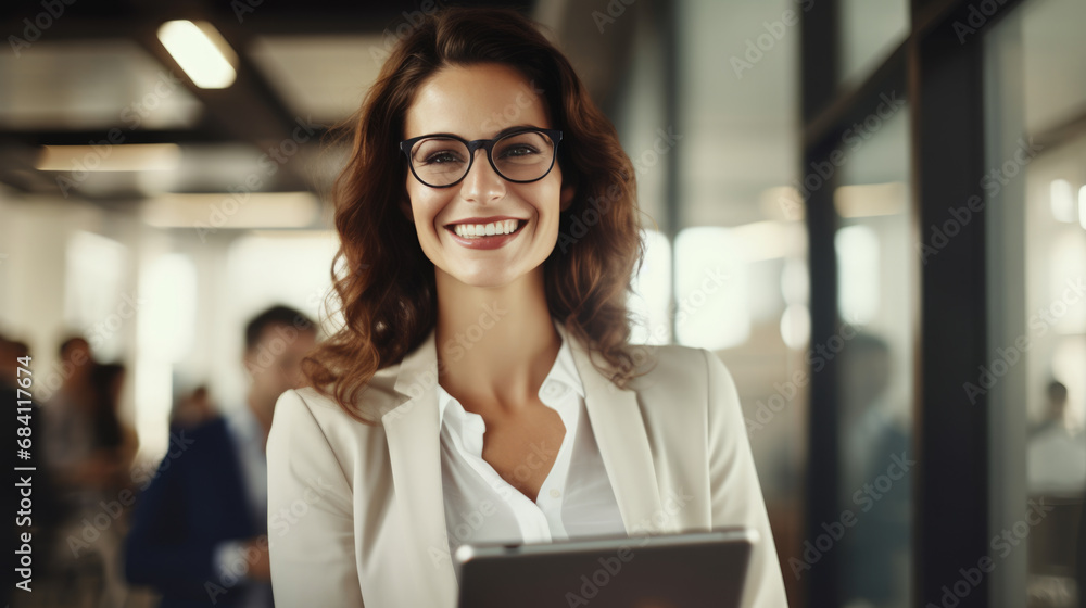 A young businesswoman stands in an office with a tablet in her hands. A young businesswoman stands in an office with a tablet in her hands.