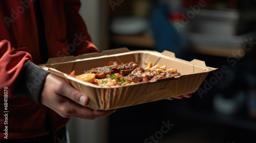 A person holding a takeaway box filled with food, likely being delivered or taken to-go on an urban street.