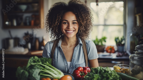 A smiling woman in a kitchen, surrounded by fresh vegetables, projecting a sense of health, happiness, and preparation for meal cooking.
