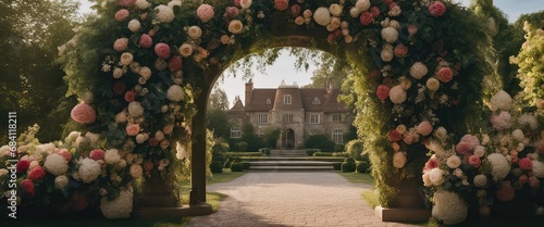 Wedding backdrop  eXtravagant floral arch gate backdrop in English Garden  front view  traditional English house in the background  wide angle  photography backdrop   maternity backdrop  path  doorway