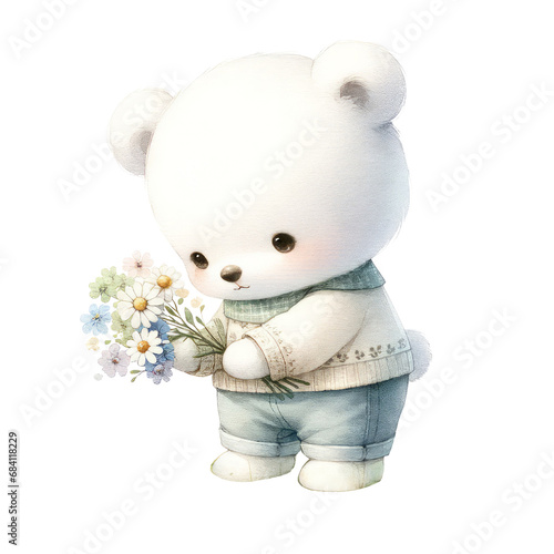 Baby Cute White bear with a flower on white background.