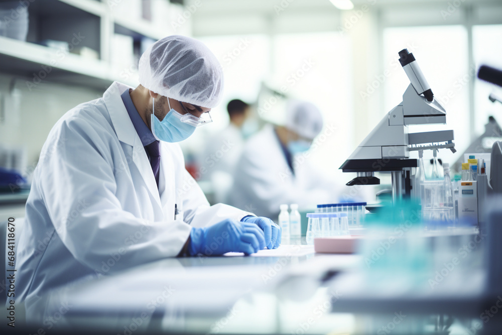 Scientists Working on their Computers In Big Modern Laboratory. Various Shelves with Beakers, Chemicals and Different Technical Equipment is Visible Scientists Working on their Computers In Big Modern Laboratory. Various Shelves with Beakers, Chemicals and Different Technical Equipment is Visible