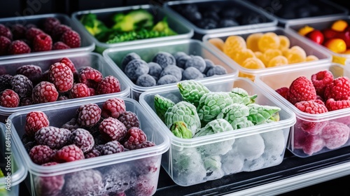 Frozen fruit in plastic boxes in the refrigerator photo