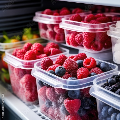 Frozen fruit in plastic boxes in the refrigerator