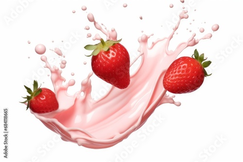 milk or yogurt splash with strawberries isolated on white background, 3d rendering, Generative AI 