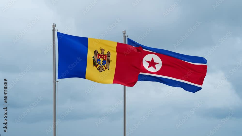 North Korea and Moldova flag waving together on cloudy sky, endless seamless loop North Korea and Moldova flag waving together on cloudy sky, endless seamless loop