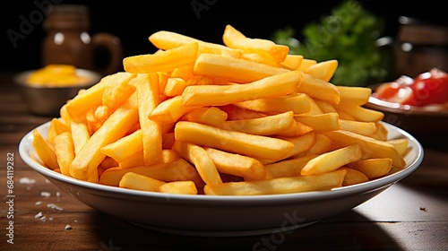 French fries or potato chips on a platter with ketchup