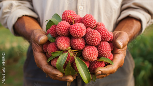 close-up of lychees in hands.Generative AI photo