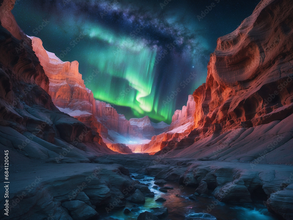 Illuminated Mountain Landscape with Aurora Polaris and Starry Sky, generative ai.