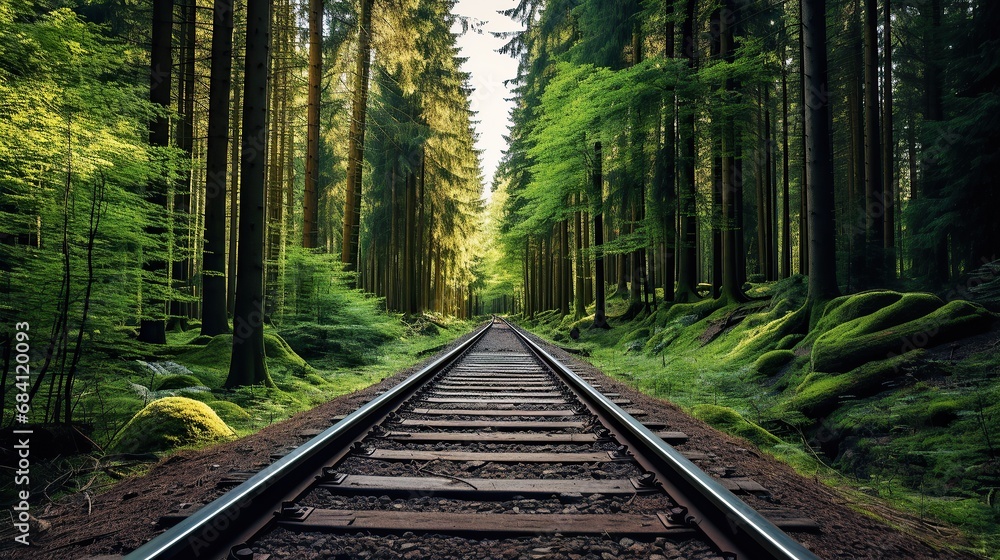 Railway stretches into the distance through the trees Railway stretches into the distance through the trees